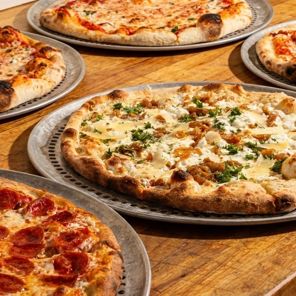 Five pizzas with various toppings, including pepperoni, cheese, and white sauce, on a wooden table.