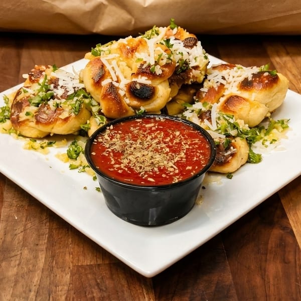 Garlic knots with parmesan cheese and herbs, served with a side of marinara sauce.