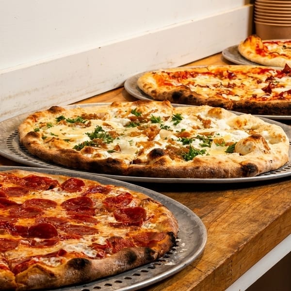Four freshly baked pizzas, including pepperoni and white varieties, on a rustic wooden counter.