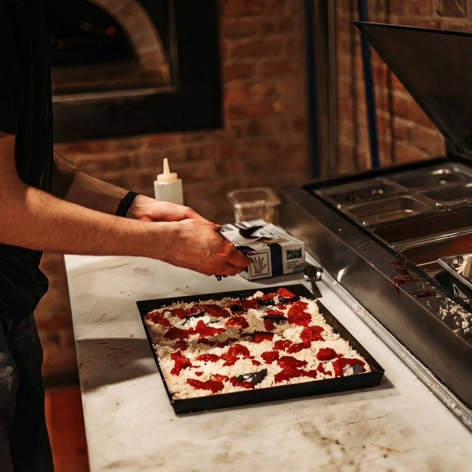 Chef preparing a square pizza with red sauce and white cheese on a marble counter.