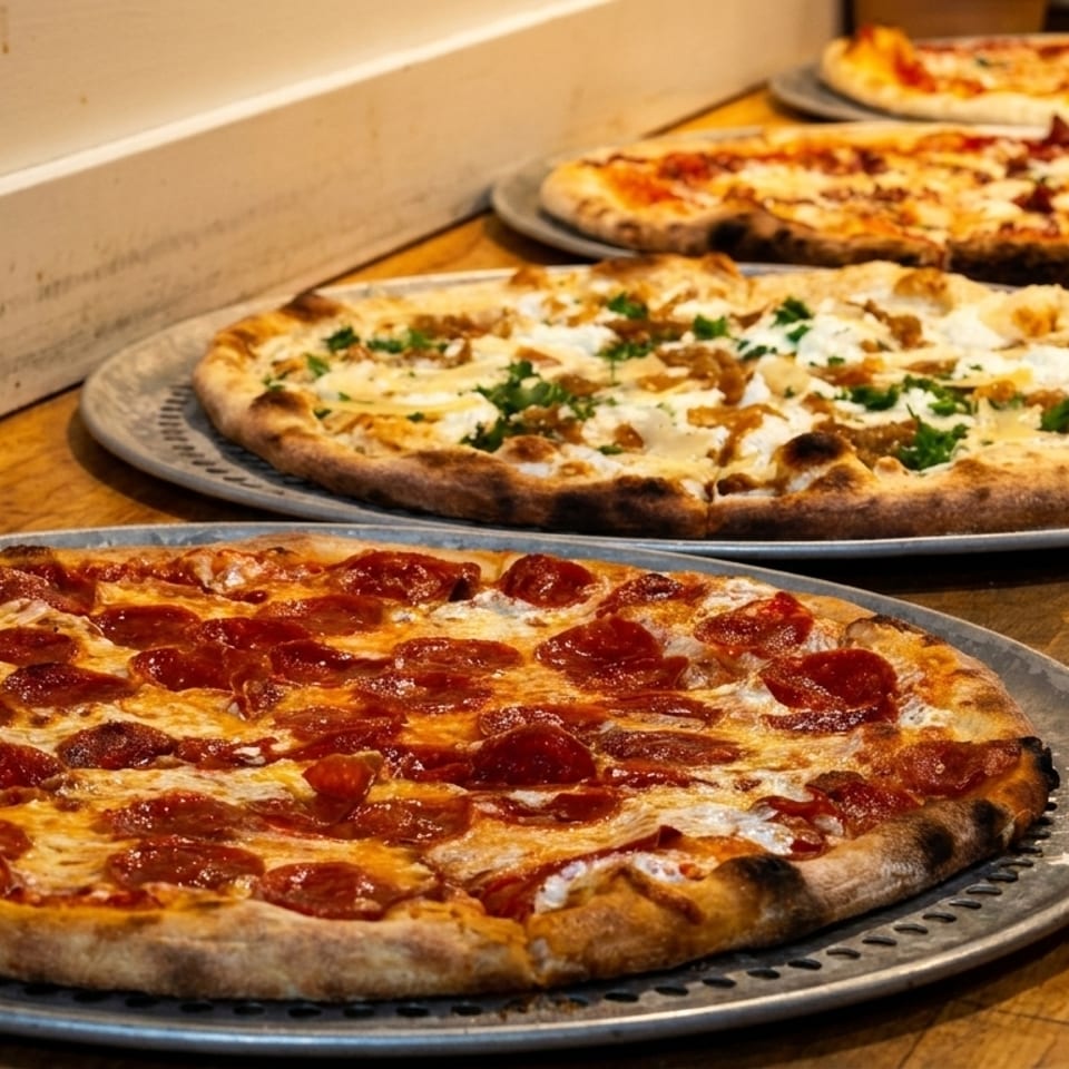 Four freshly baked pizzas, including pepperoni and white pizza, lined up on a rustic wooden counter.