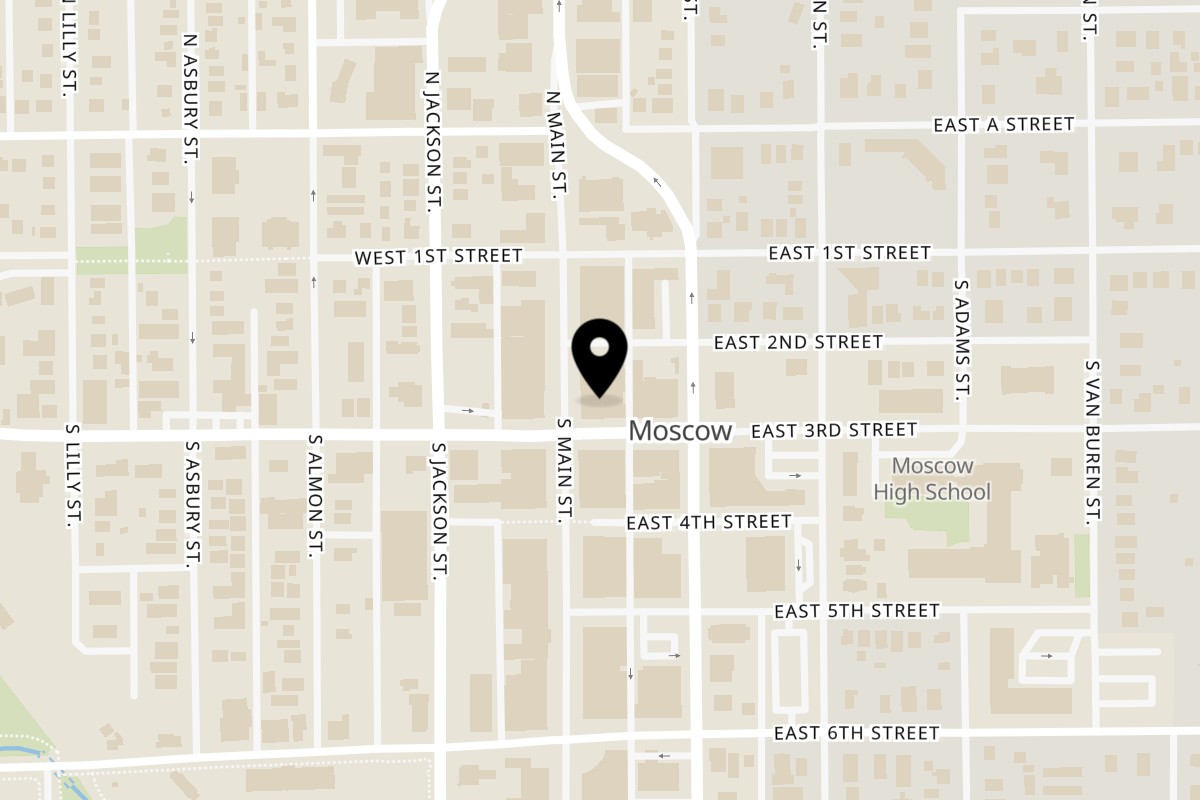 Map showing the location of Wooster's Pizzeria on 214 S Main St in Moscow